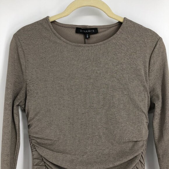 Dynamite Taupe Ruched Shirred  flattering Bodycon long sleeve Mini Dress size M - Picture 6 of 16